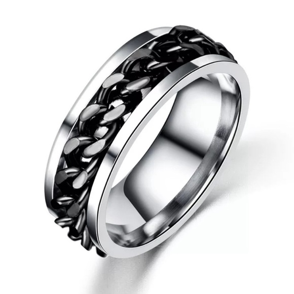 NWT-Unisex Silver & Black Spinning Chain Ring - Picture 1 of 4